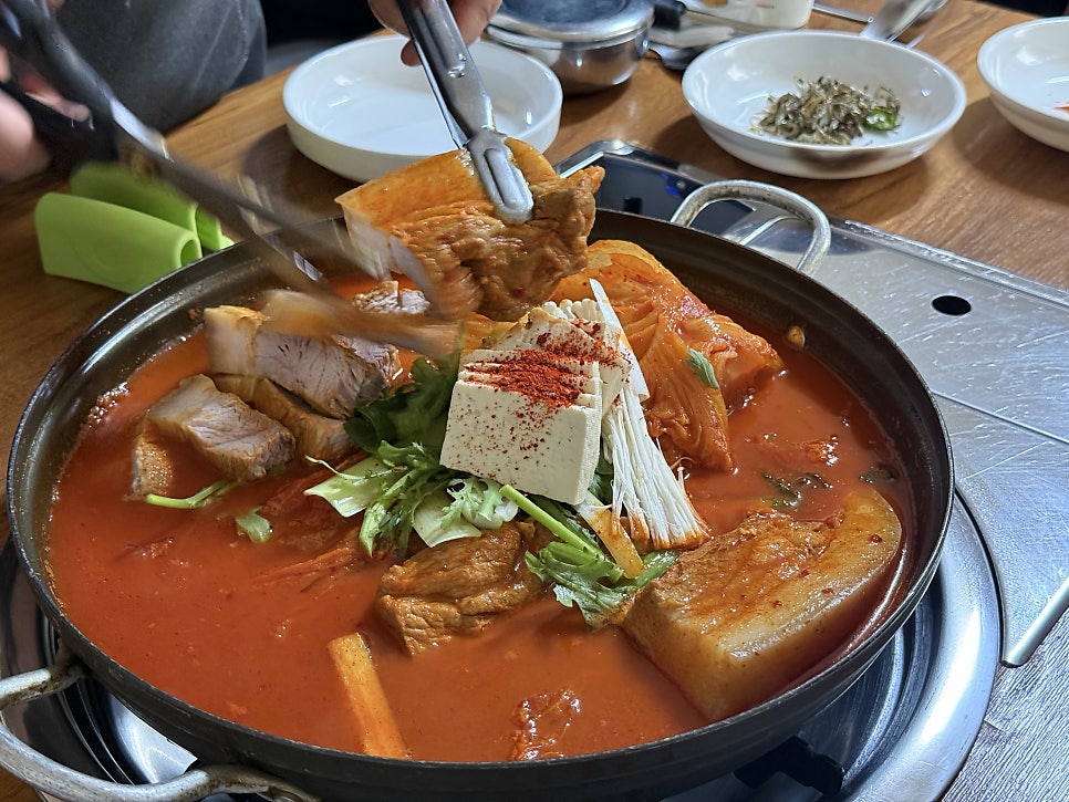Big chunks of pork in the kimchi stew