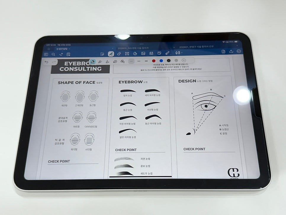 Eyebrow consulting chart with face shapes and brow styles on a tablet