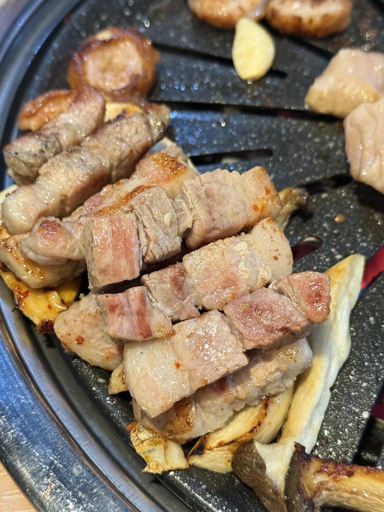 Grilled pork belly cut into chunks