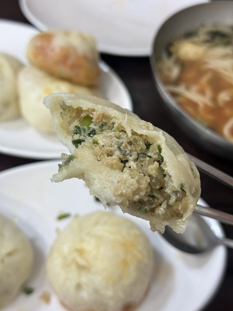 Kimchi dumpling filling close-up