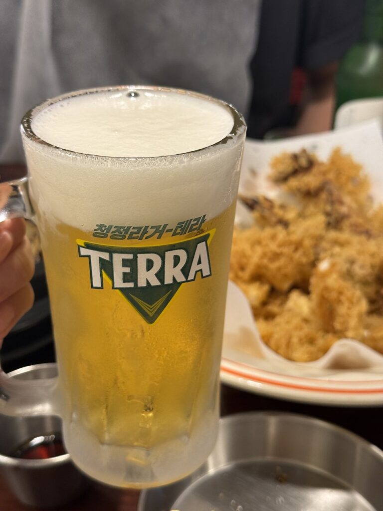 Frosty glass of draft beer next to fried squid