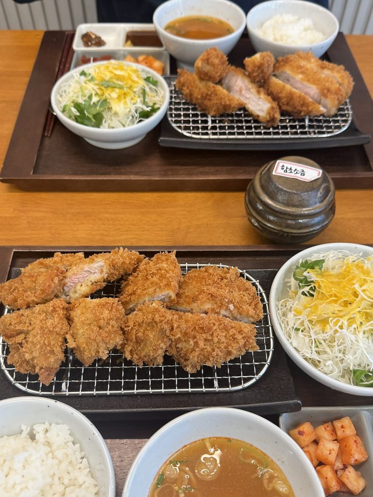 Rice, soup and side dishes served with the katsu