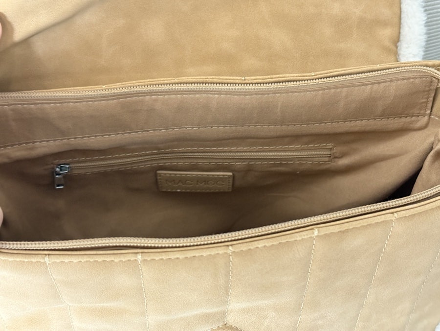 Inside of the bag with a zip pocket and slip pockets