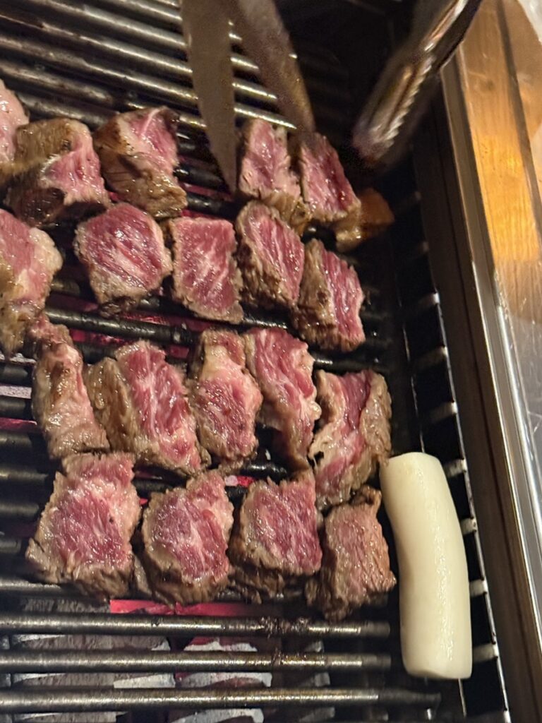 Short rib cut into thick cubes on the grill