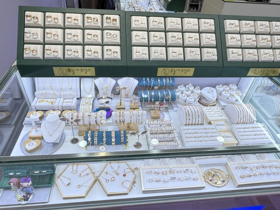 Display case full of necklaces, bracelets and rings