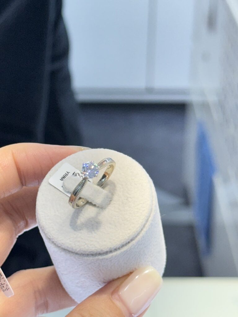 Solitaire diamond ring on a display stand
