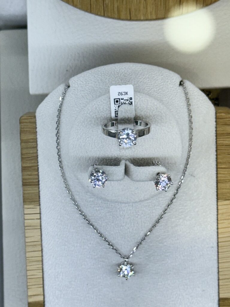 Diamond ring, stud earrings and necklace set