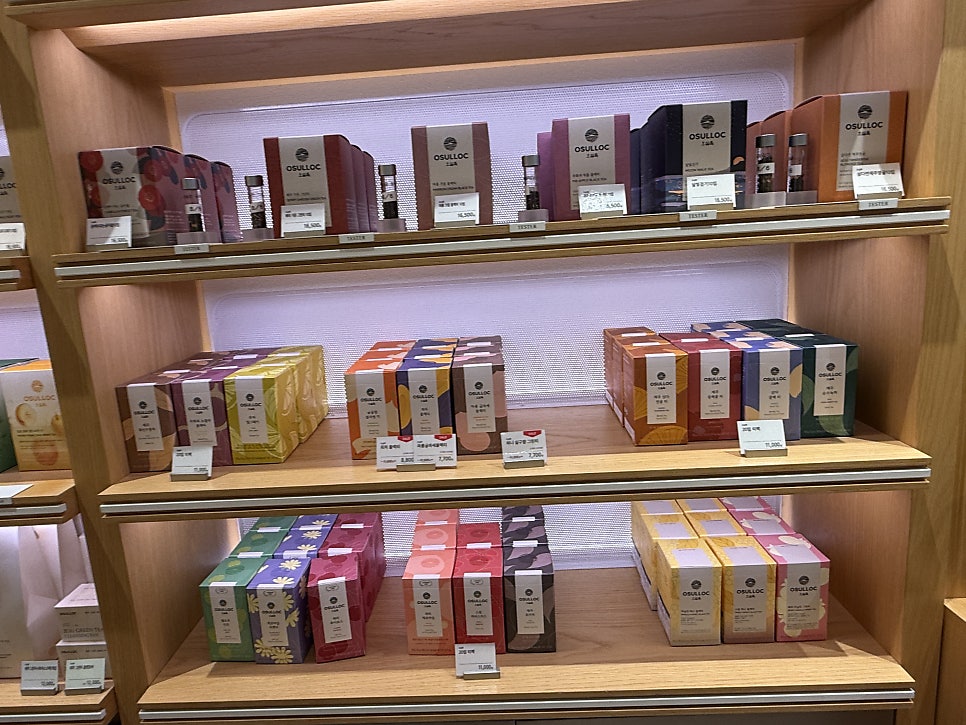 Shelves of colorful Osulloc tea-bag boxes