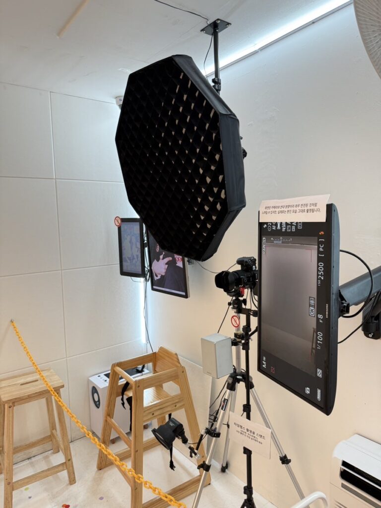 Softbox light, camera and preview monitor in the studio