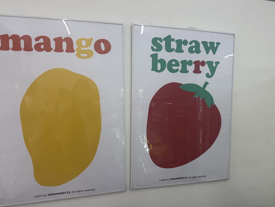 Mango and strawberry posters on the wall