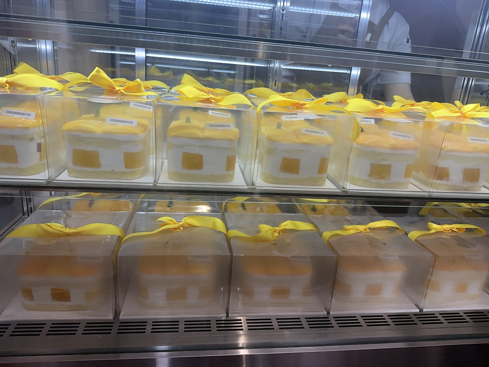 Rows of mango cakes with yellow ribbons in the showcase